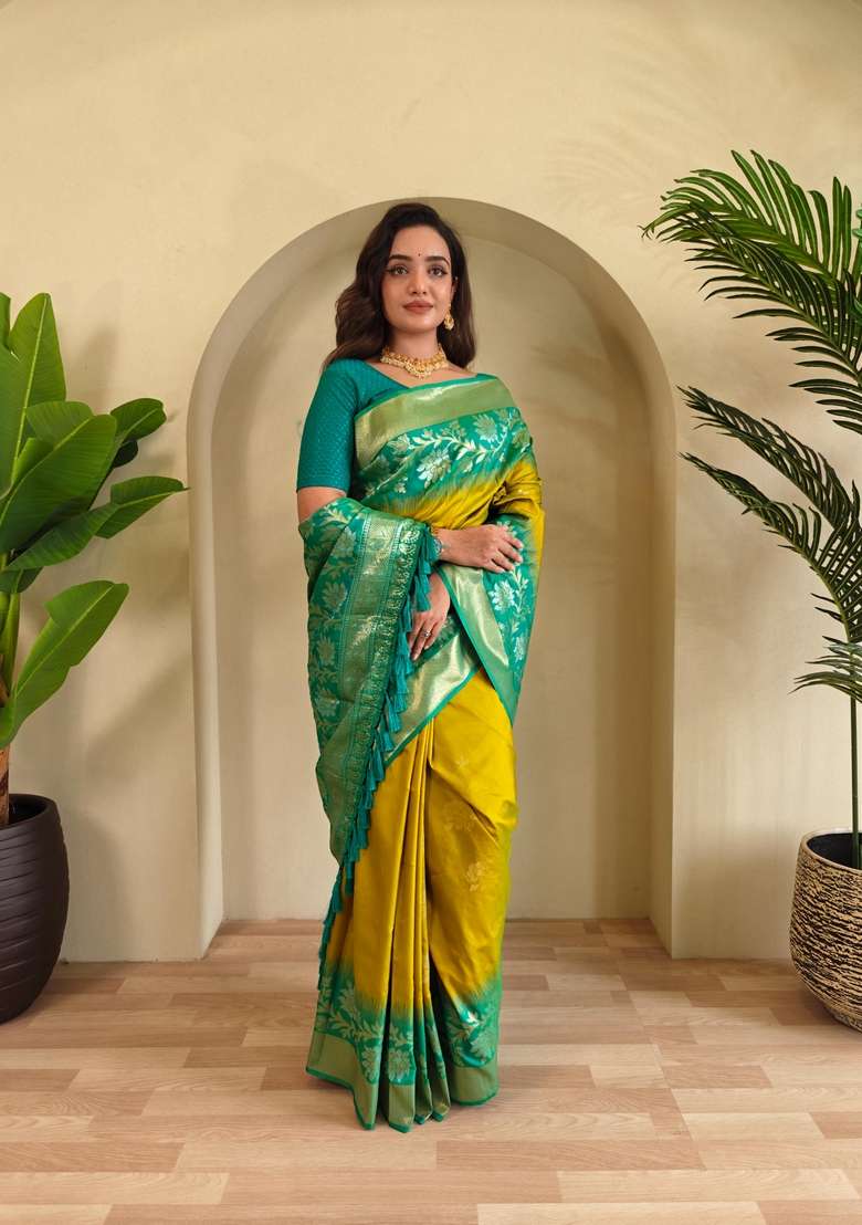 Mehendi Zari Work Silk Blend Saree Set for Diwali and Festive Wear - Indya