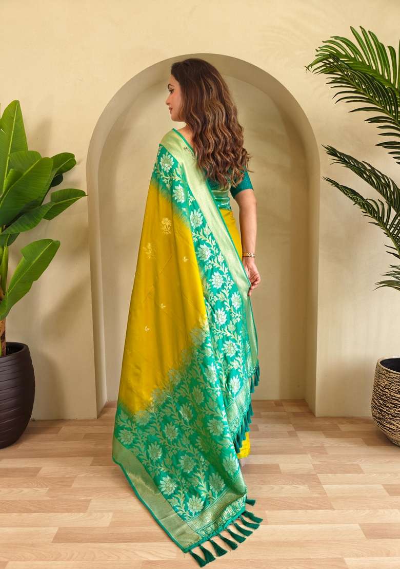 Mehendi Zari Work Silk Blend Saree Set for Diwali and Festive Wear - Indya