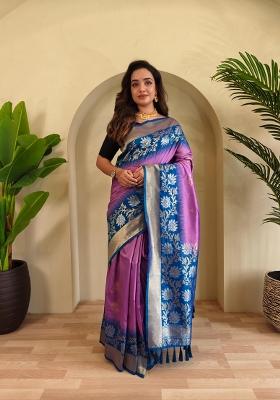 Onion Pink Zari Work Silk Blend Saree Set
