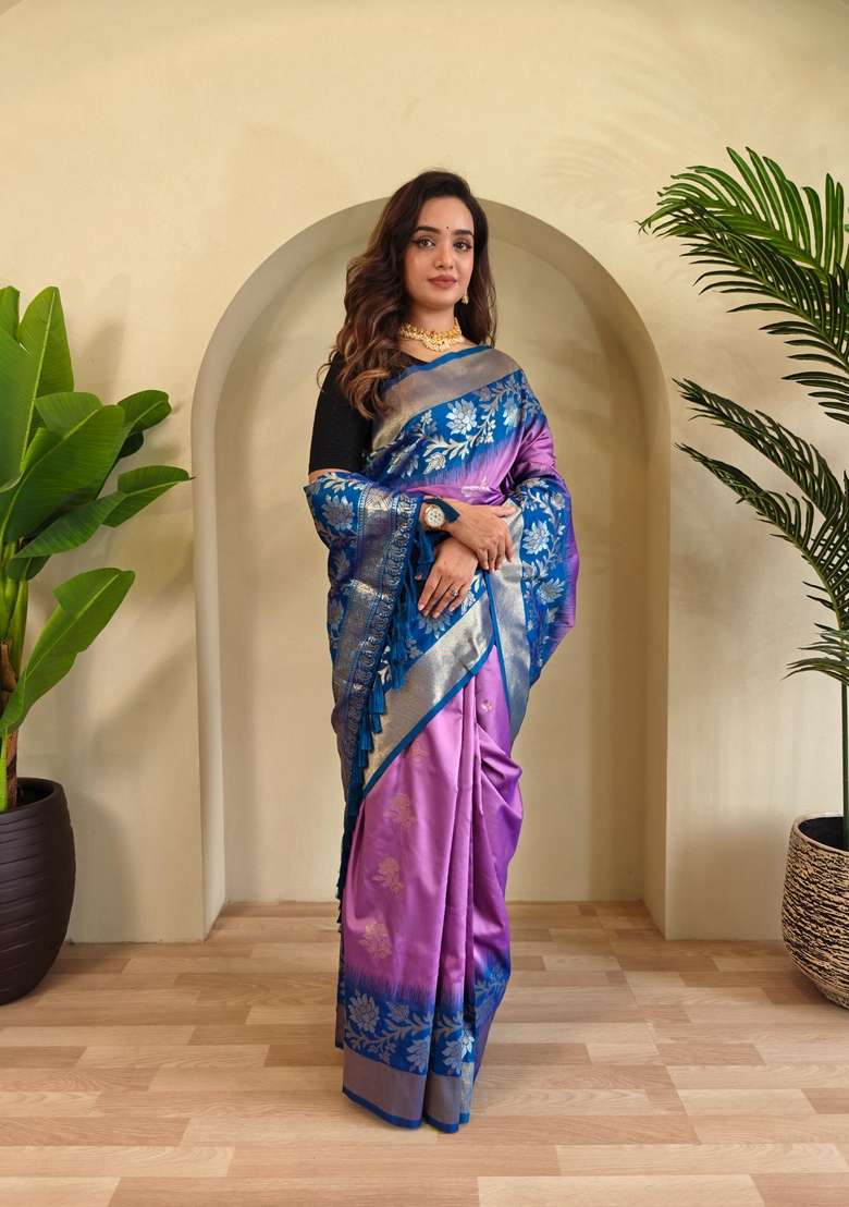 Onion Pink Zari Work Silk Blend Saree Set for Diwali and Festive Wear - Indya