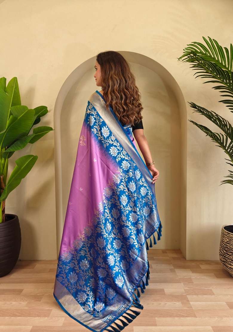 Onion Pink Zari Work Silk Blend Saree Set for Diwali and Festive Wear - Indya