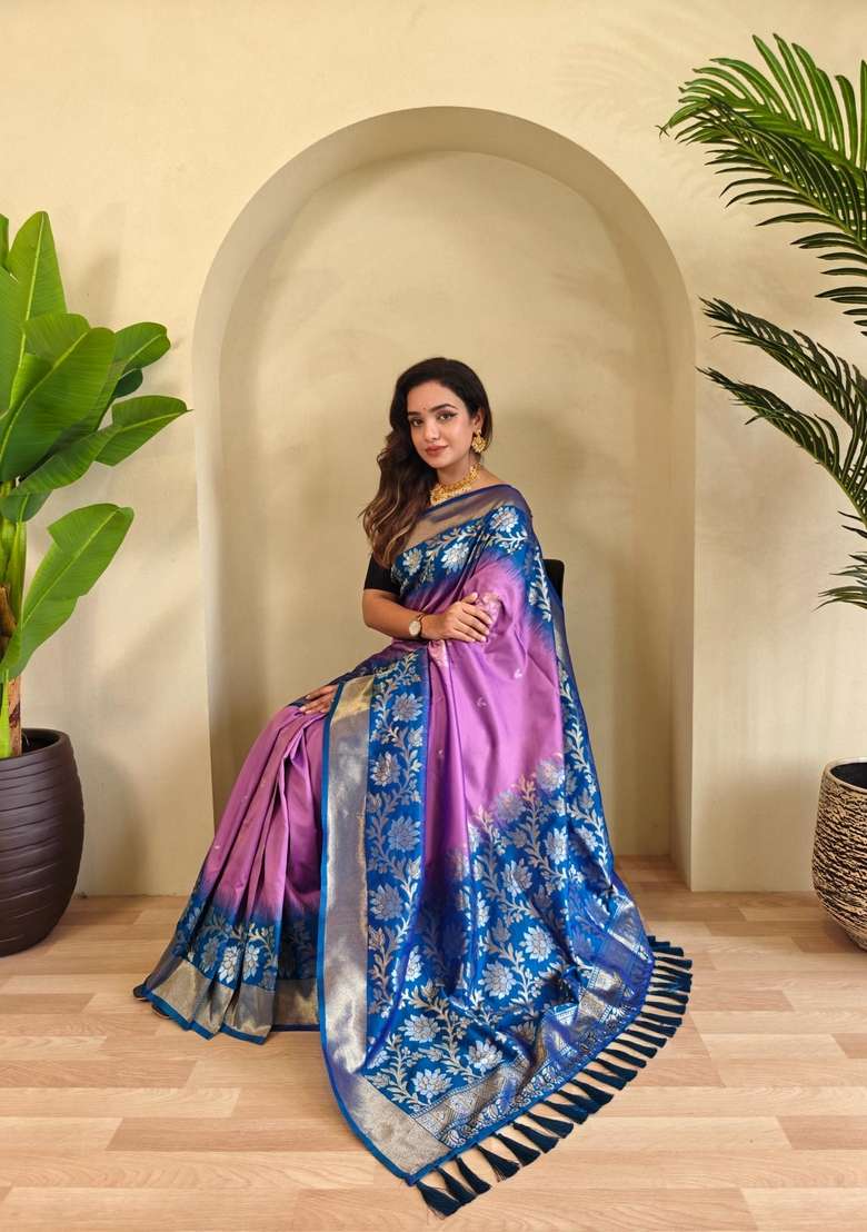 Onion Pink Zari Work Silk Blend Saree Set for Diwali and Festive Wear - Indya