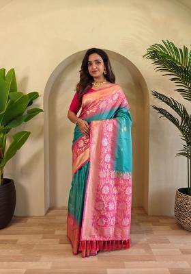 Rama Green Zari Work Silk Blend Saree Set
