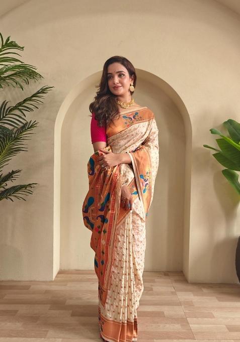 Cream Zari Work Silk Saree Set — view on Indya