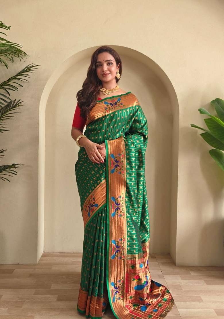 Green Zari Work Silk Blend Saree Set for Diwali and Festive Wear - Indya