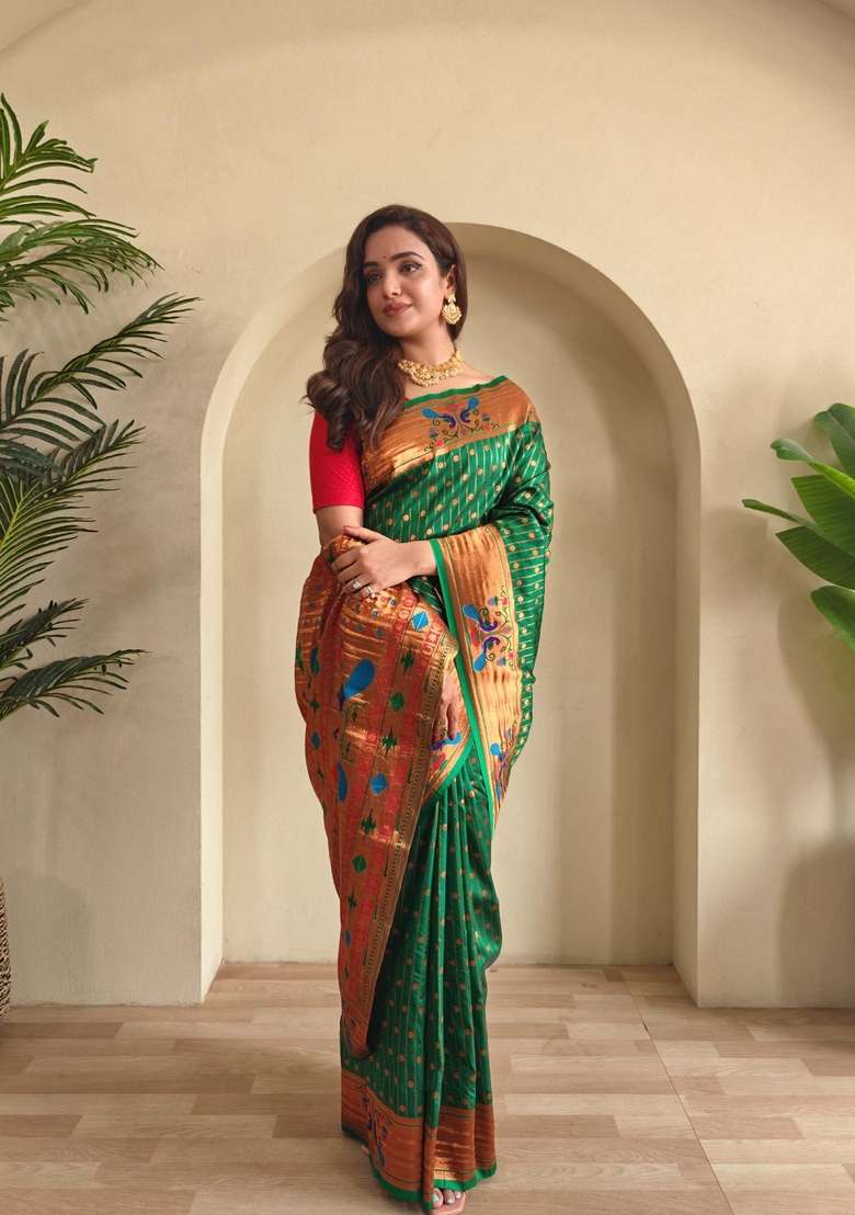 Green Zari Work Silk Blend Saree Set for Diwali and Festive Wear - Indya