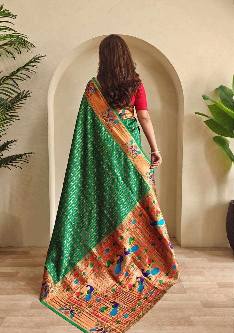 Green Zari Work Silk Blend Saree Set for Diwali and Festive Wear - Indya