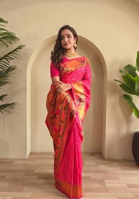 Hot Pink Zari Work Silk Blend Saree Set