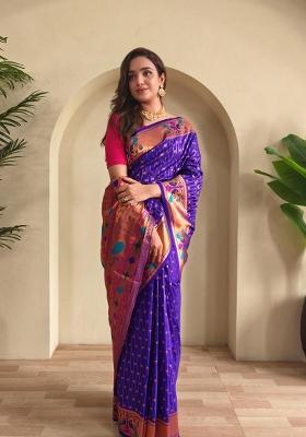 Magenta Zari Work Silk Blend Saree Set