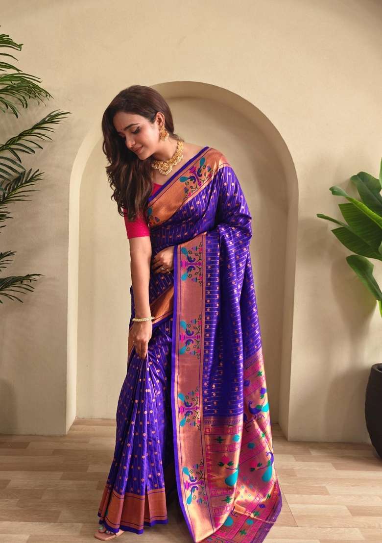 Magenta Zari Work Silk Blend Saree Set for Diwali and Festive Wear - Indya