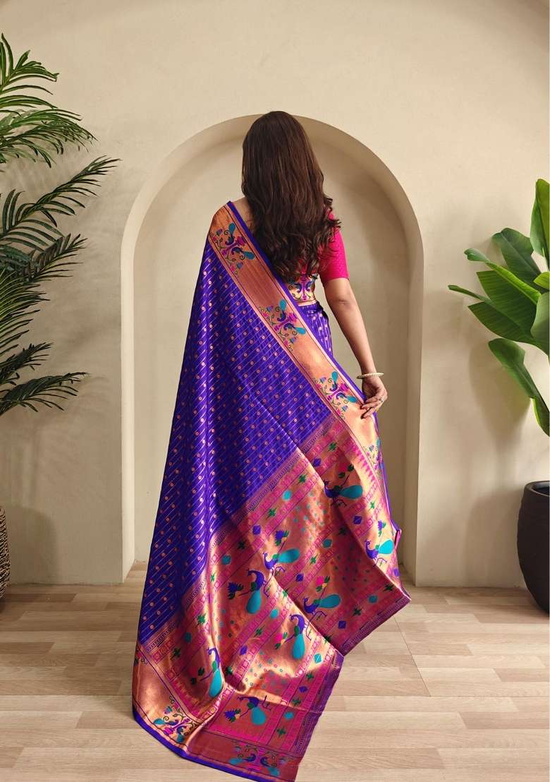 Magenta Zari Work Silk Blend Saree Set for Diwali and Festive Wear - Indya