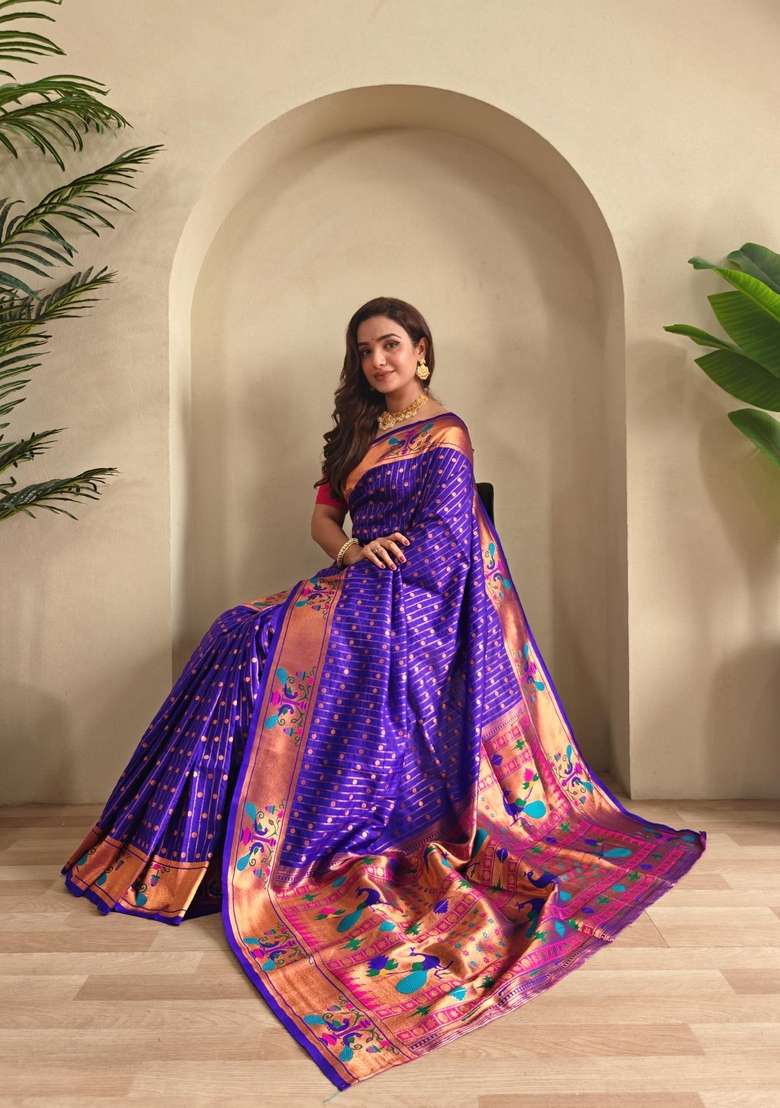 Magenta Zari Work Silk Blend Saree Set for Diwali and Festive Wear - Indya