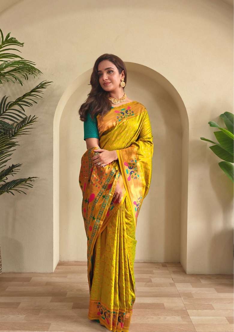 Mehendi Zari Work Silk Blend Saree Set for Diwali and Festive Wear - Indya
