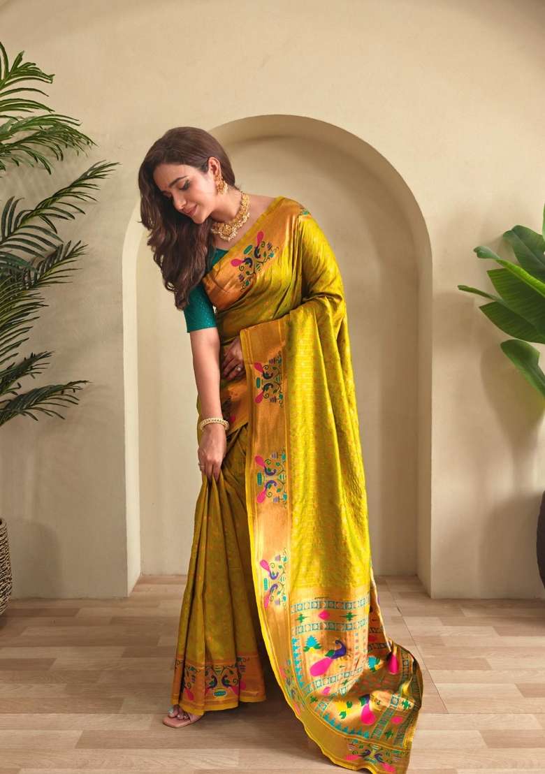 Mehendi Zari Work Silk Blend Saree Set for Diwali and Festive Wear - Indya