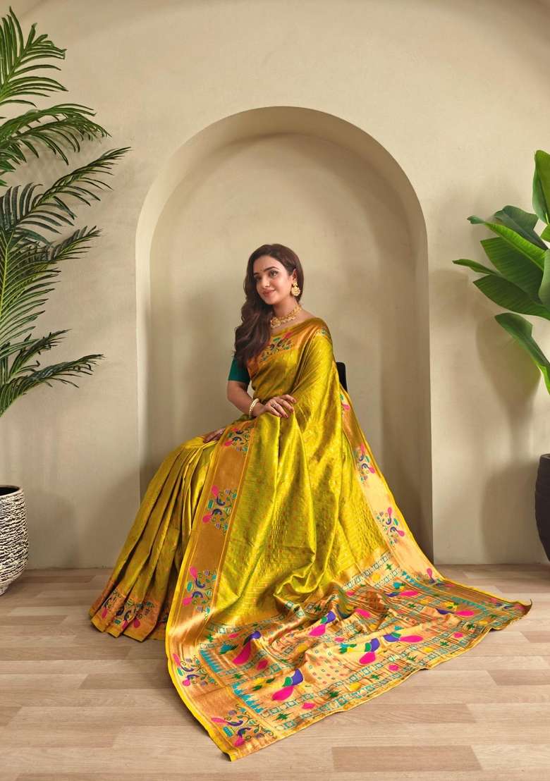 Mehendi Zari Work Silk Blend Saree Set for Diwali and Festive Wear - Indya
