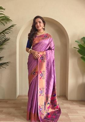 Onion Pink Zari Work Silk Blend Saree Set