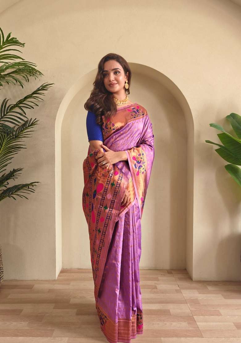 Onion Pink Zari Work Silk Blend Saree Set for Diwali and Festive Wear - Indya