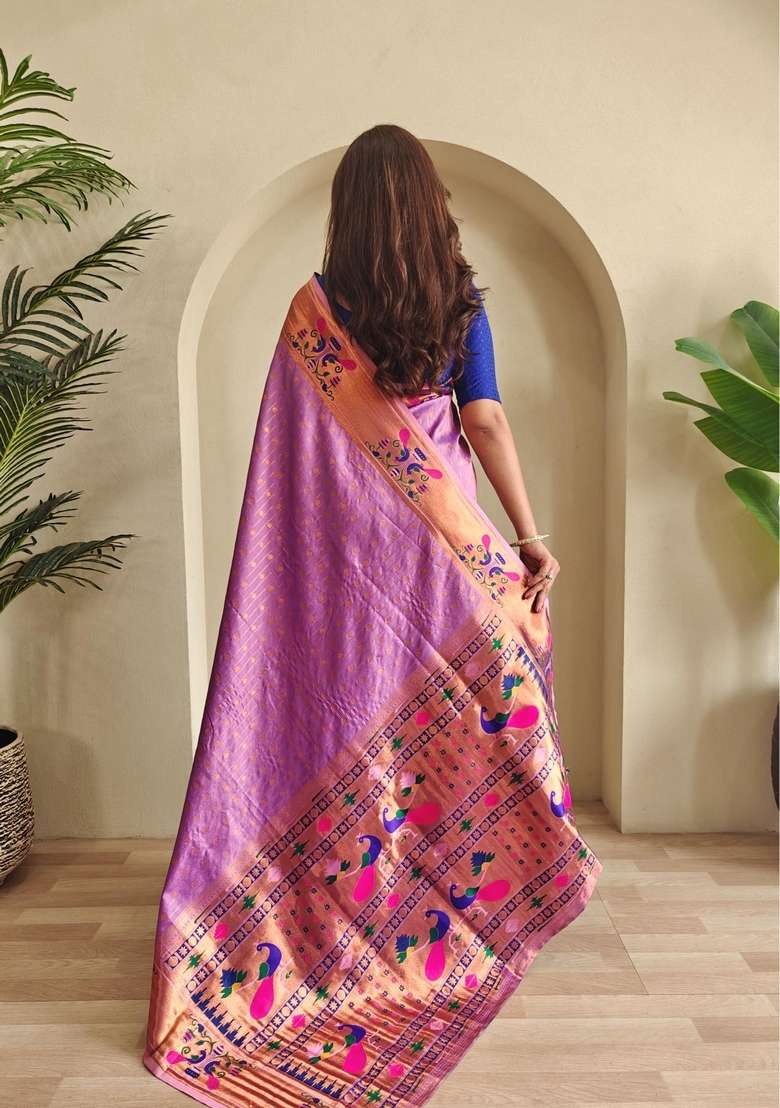 Onion Pink Zari Work Silk Blend Saree Set for Diwali and Festive Wear - Indya