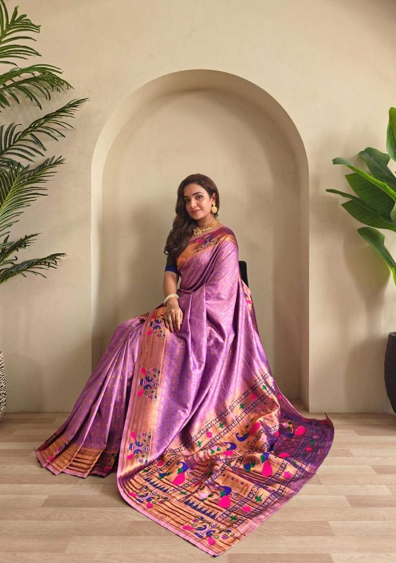 Onion Pink Zari Work Silk Blend Saree Set for Diwali and Festive Wear - Indya