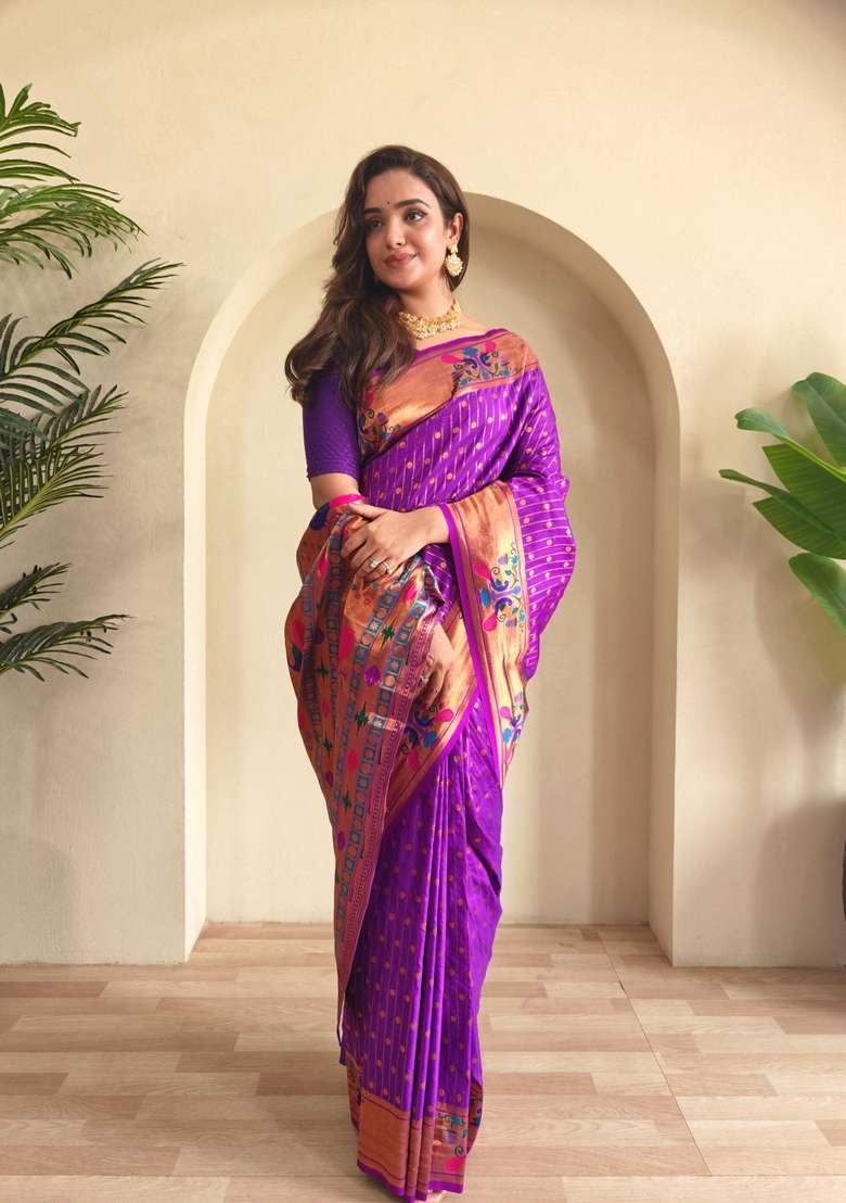 Purple Zari Work Silk Blend Saree Set for Diwali and Festive Wear - Indya