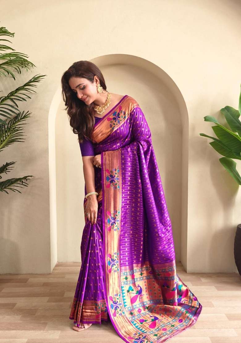 Purple Zari Work Silk Blend Saree Set for Diwali and Festive Wear - Indya