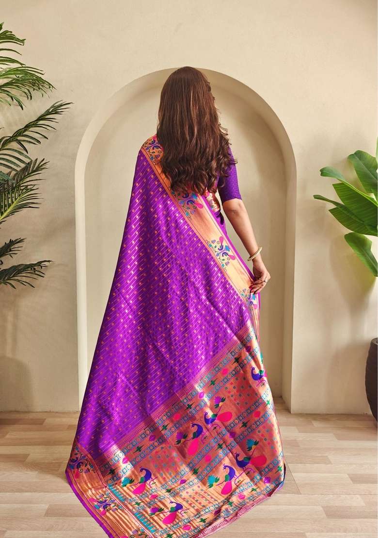 Purple Zari Work Silk Blend Saree Set for Diwali and Festive Wear - Indya