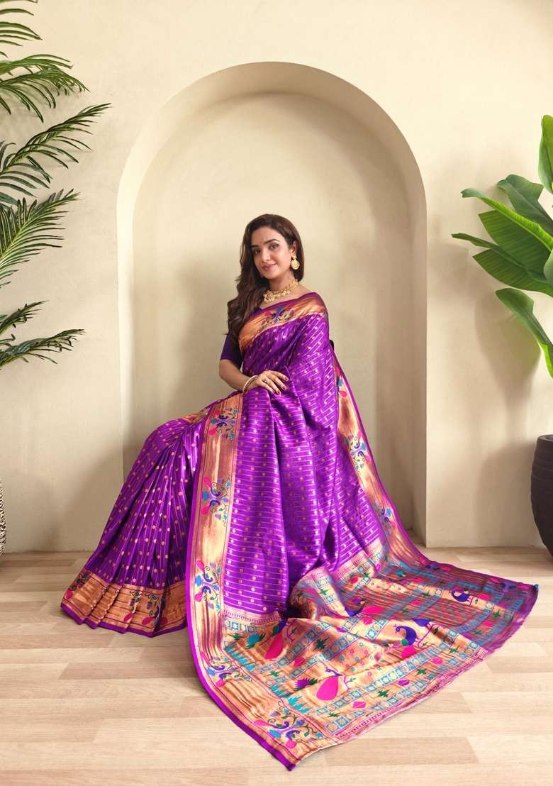 Purple Zari Work Silk Blend Saree Set for Diwali and Festive Wear - Indya