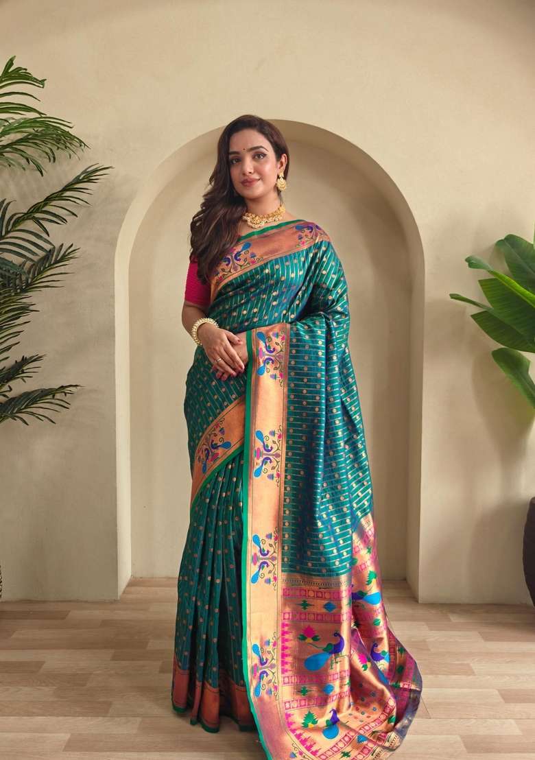 Teal Silk Blend Saree Set with Zari Work for Diwali | Wedding & Festive Wear - Indya
