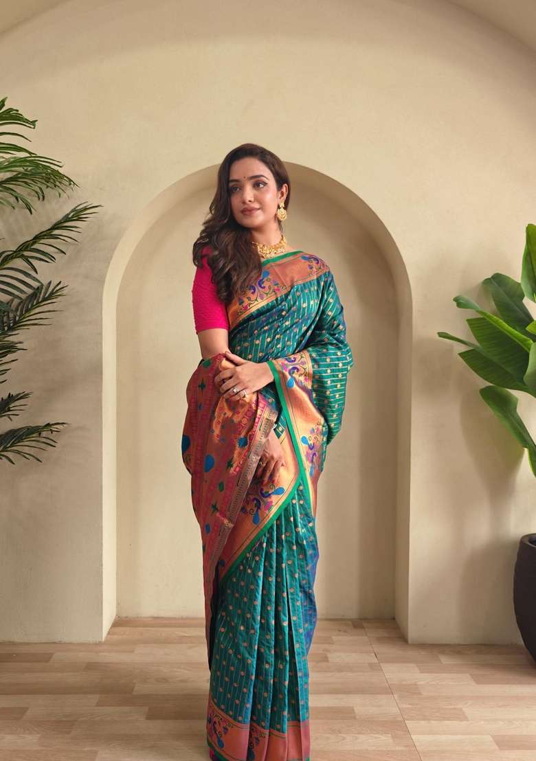 Teal Silk Blend Saree Set with Zari Work for Diwali | Wedding & Festive Wear - Indya