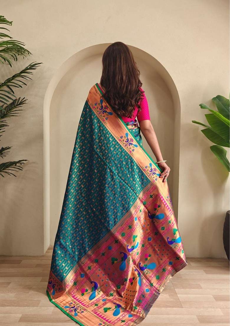 Teal Silk Blend Saree Set with Zari Work for Diwali | Wedding & Festive Wear - Indya