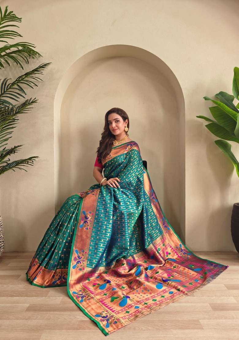 Teal Silk Blend Saree Set with Zari Work for Diwali | Wedding & Festive Wear - Indya