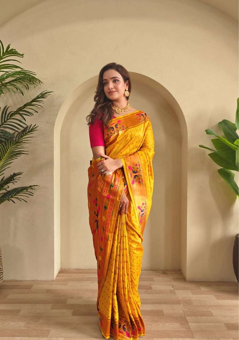 Yellow Silk Blend Saree Set with Zari Work for Diwali | Wedding & Festive Wear - Indya