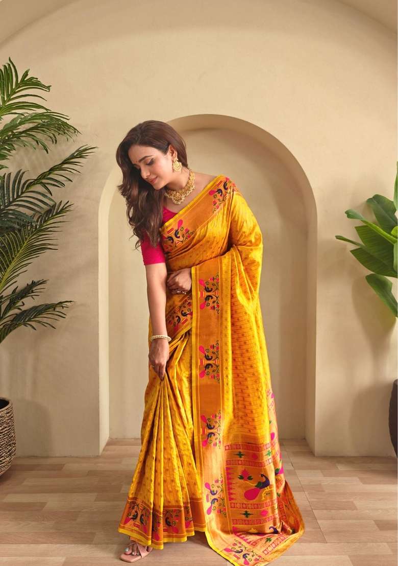 Yellow Silk Blend Saree Set with Zari Work for Diwali | Wedding & Festive Wear - Indya