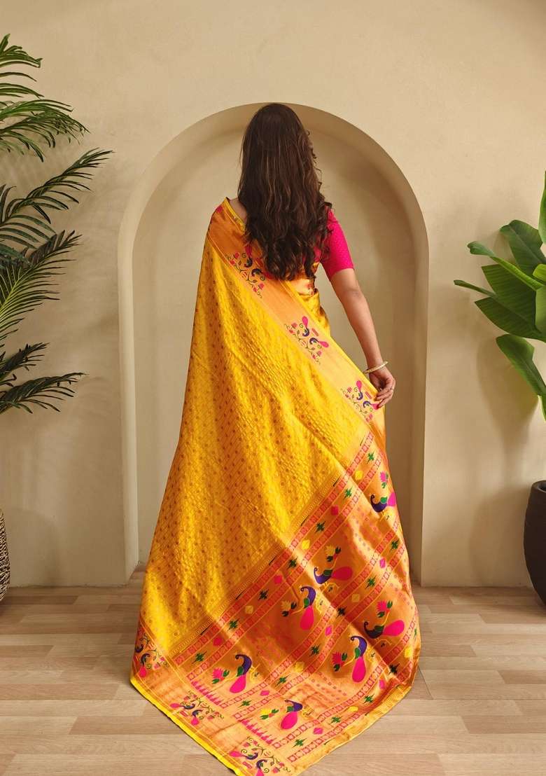 Yellow Silk Blend Saree Set with Zari Work for Diwali | Wedding & Festive Wear - Indya