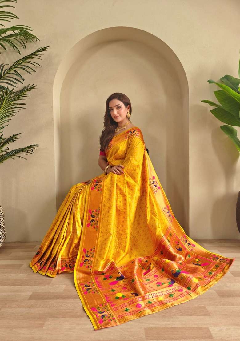 Yellow Silk Blend Saree Set with Zari Work for Diwali | Wedding & Festive Wear - Indya