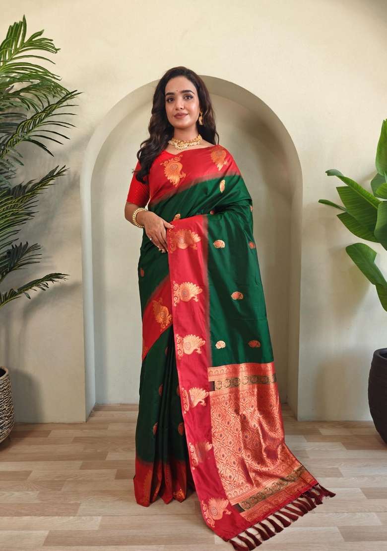 Green Silk Blend Saree Set with Zari Work for Diwali | Wedding & Festive Wear - Indya