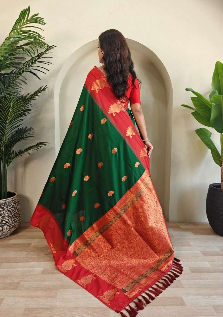 Green Silk Blend Saree Set with Zari Work for Diwali | Wedding & Festive Wear - Indya