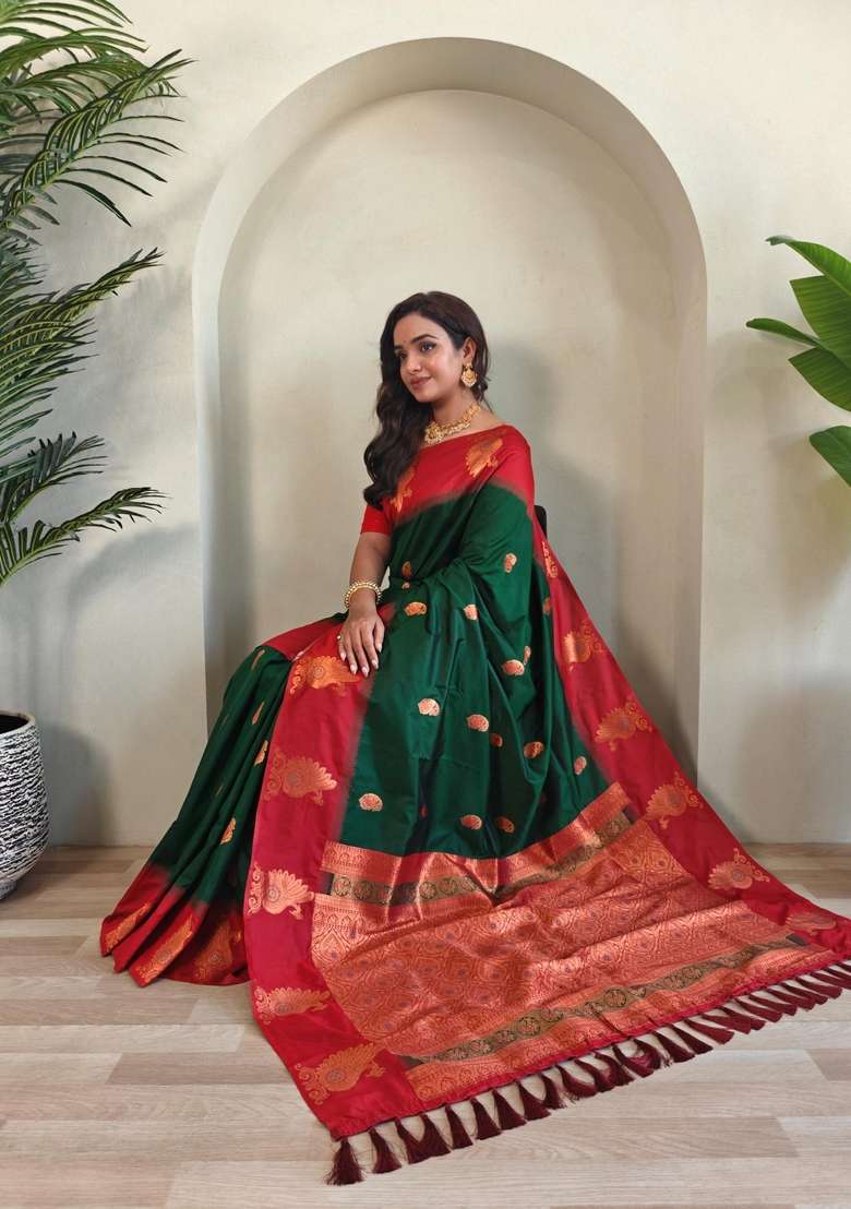 Green Silk Blend Saree Set with Zari Work for Diwali | Wedding & Festive Wear - Indya