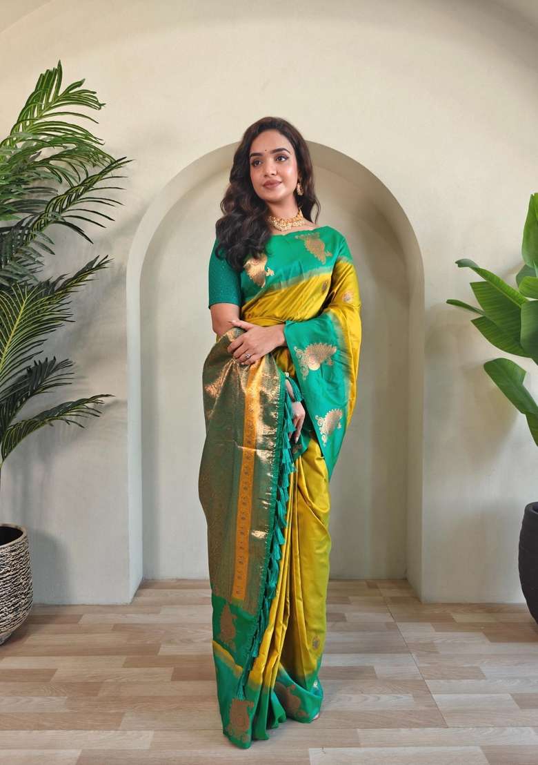 Lemon Zari Work Silk Blend Saree Set for Diwali and Festive Wear - Indya