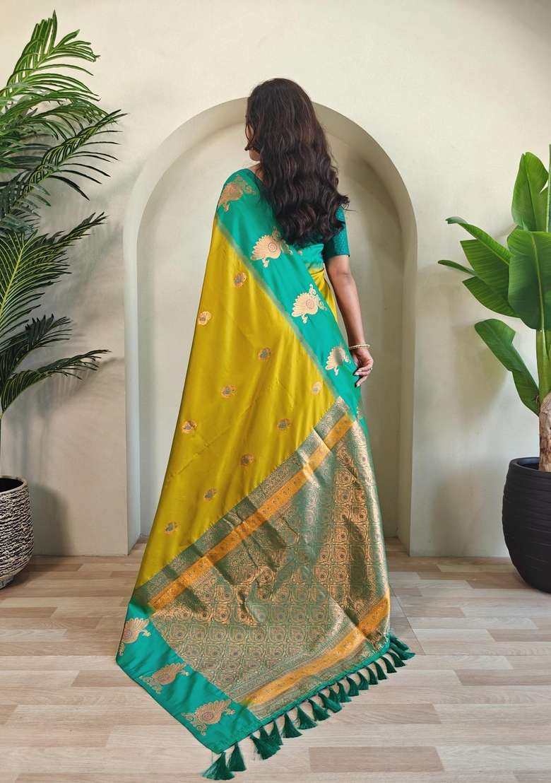 Lemon Zari Work Silk Blend Saree Set for Diwali and Festive Wear - Indya