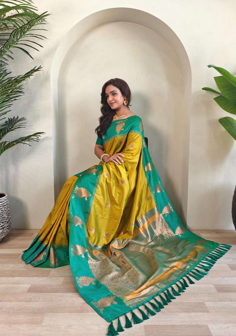 Lemon Zari Work Silk Blend Saree Set for Diwali and Festive Wear - Indya