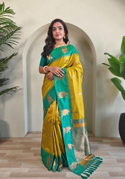 Lemon Zari Work Silk Saree Set — view on Indya