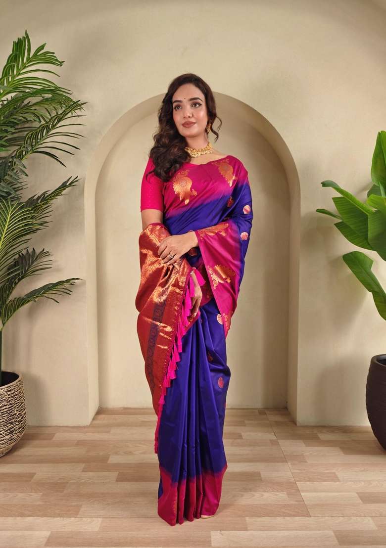 Magenta Zari Work Silk Blend Saree Set for Diwali and Festive Wear - Indya