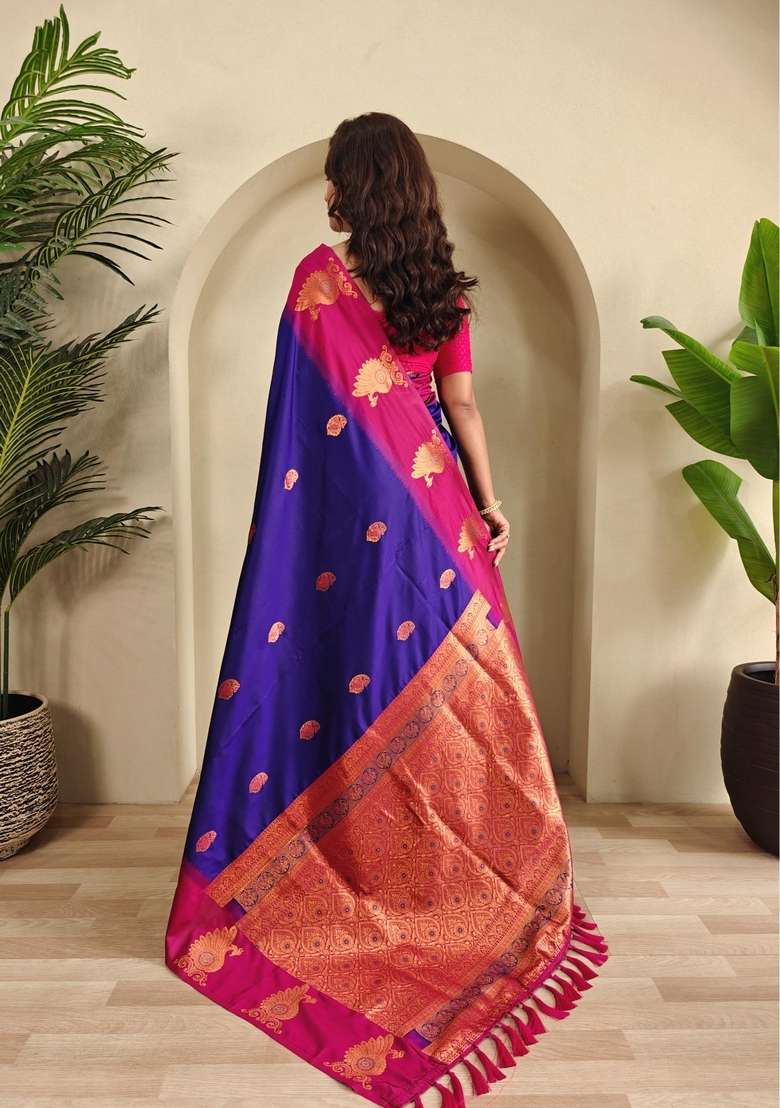 Magenta Zari Work Silk Blend Saree Set for Diwali and Festive Wear - Indya