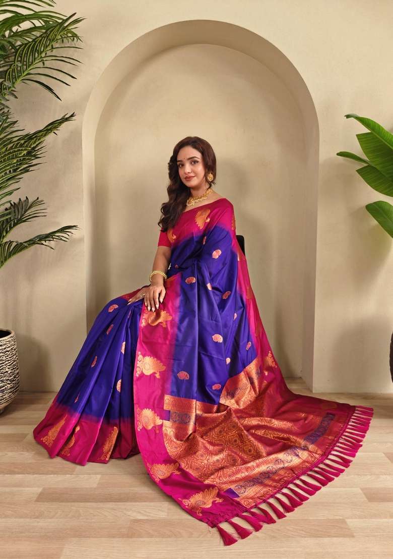 Magenta Zari Work Silk Blend Saree Set for Diwali and Festive Wear - Indya