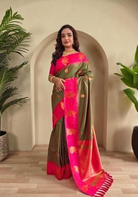 Mehendi Zari Work Silk Blend Saree Set