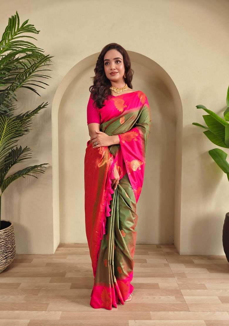 Mehendi Zari Work Silk Blend Saree Set for Diwali and Festive Wear - Indya
