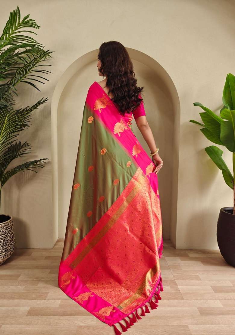 Mehendi Zari Work Silk Blend Saree Set for Diwali and Festive Wear - Indya