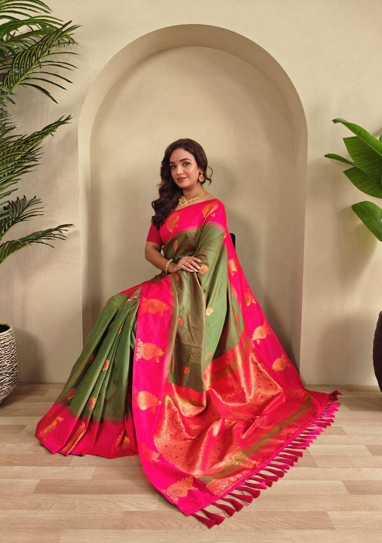 Mehendi Zari Work Silk Blend Saree Set for Diwali and Festive Wear - Indya