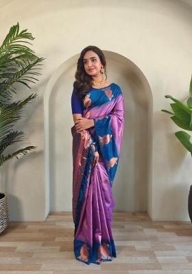 Onion Pink Zari Work Silk Blend Saree Set